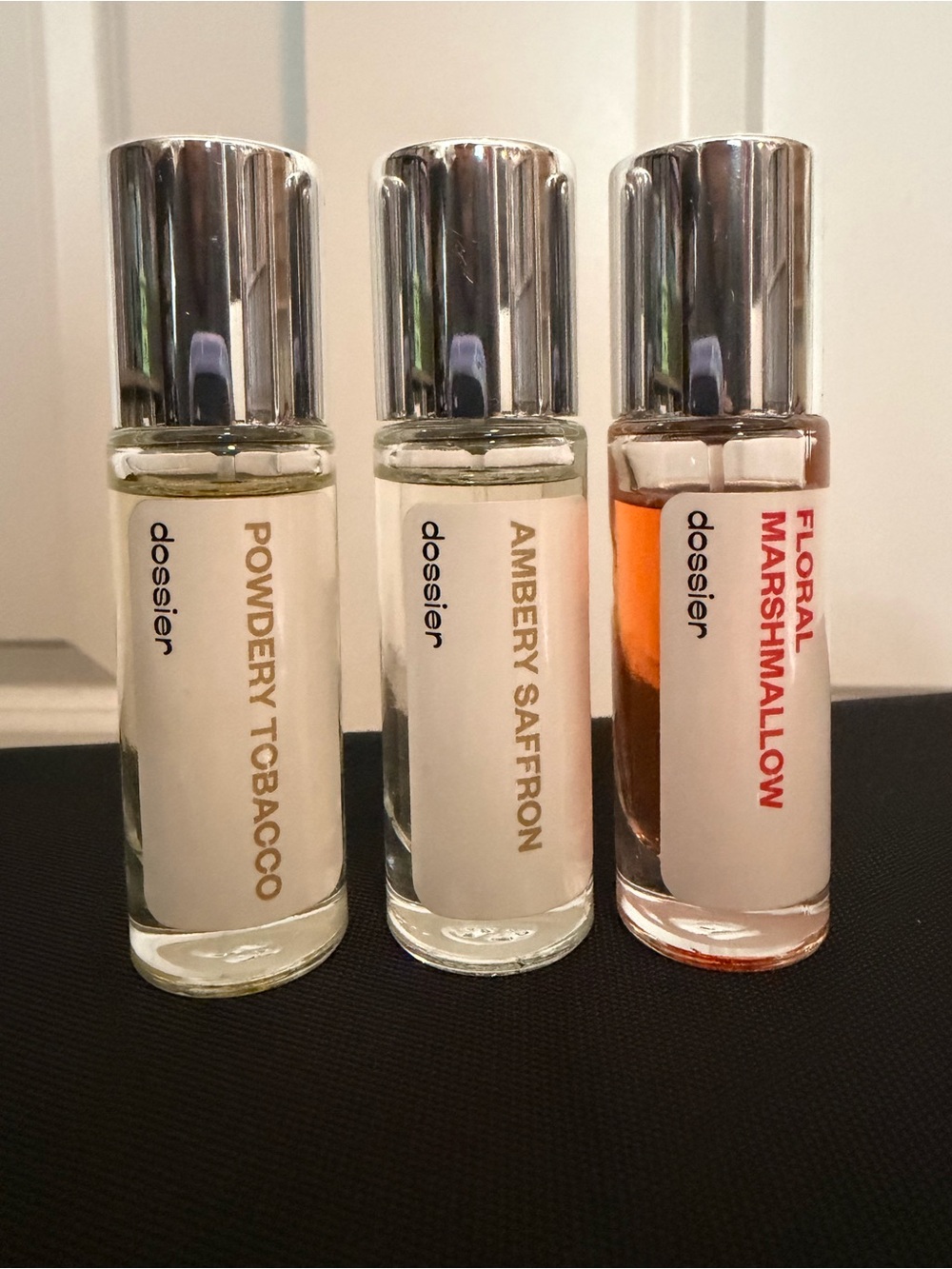 Dossier Set of 3 - .37 fl oz Floral Marshmallow, Ambery Saffron, Powdery Tobacco